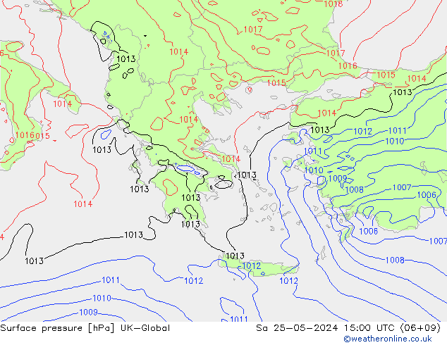 Pressione al suolo UK-Global sab 25.05.2024 15 UTC