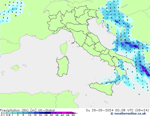 Precipitation (6h) UK-Global Su 26.05.2024 06 UTC
