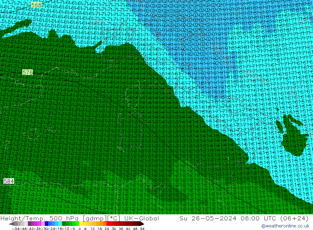 Height/Temp. 500 hPa UK-Global Dom 26.05.2024 06 UTC