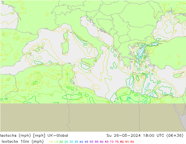 Isotachen (mph) UK-Global zo 26.05.2024 18 UTC