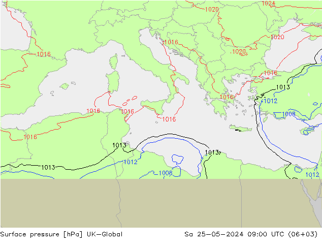 Pressione al suolo UK-Global sab 25.05.2024 09 UTC