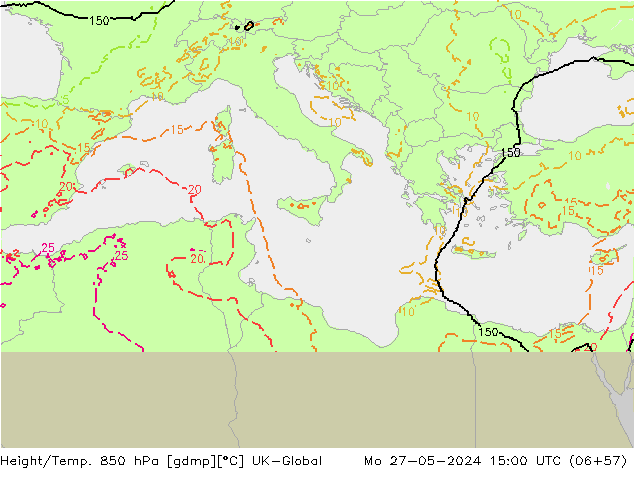 Height/Temp. 850 hPa UK-Global pon. 27.05.2024 15 UTC