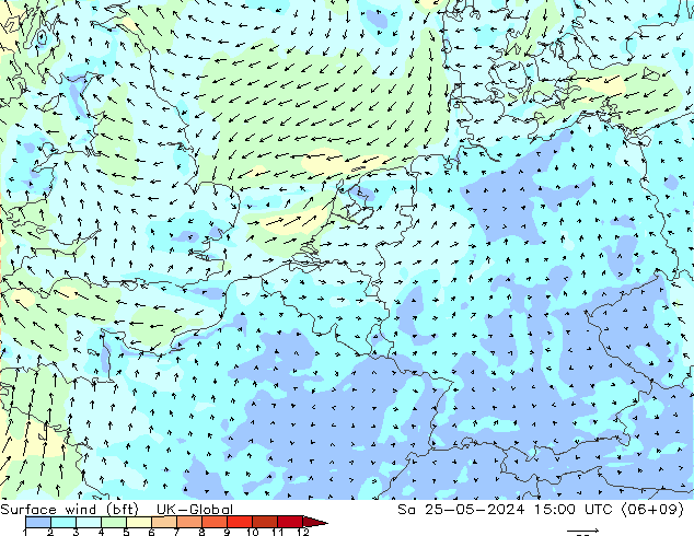 Surface wind (bft) UK-Global Sa 25.05.2024 15 UTC