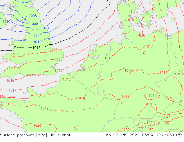 Surface pressure UK-Global Mo 27.05.2024 06 UTC