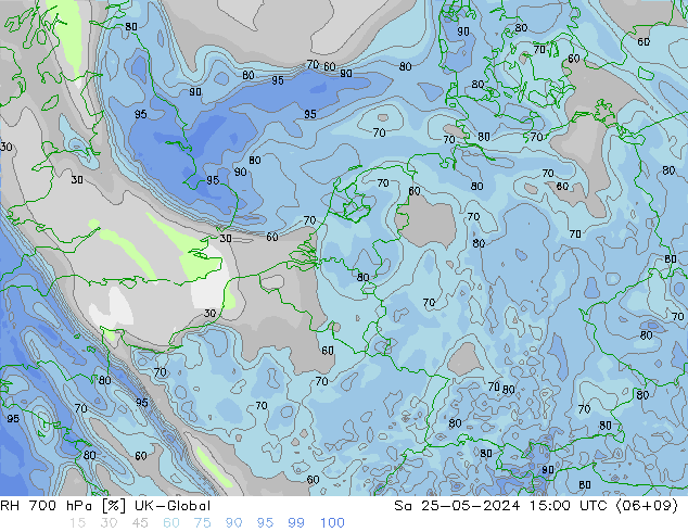 RH 700 hPa UK-Global sab 25.05.2024 15 UTC