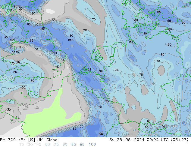 RH 700 hPa UK-Global dom 26.05.2024 09 UTC