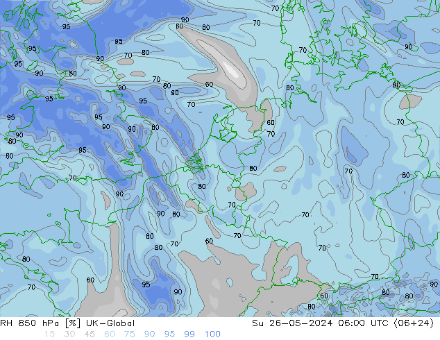 RH 850 hPa UK-Global  26.05.2024 06 UTC