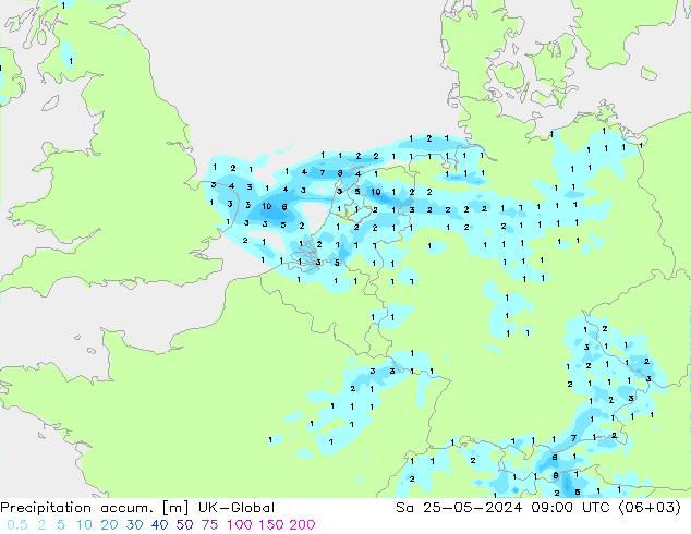 Precipitation accum. UK-Global Sáb 25.05.2024 09 UTC