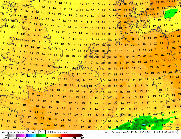 Temperaturkarte (2m) UK-Global Sa 25.05.2024 12 UTC