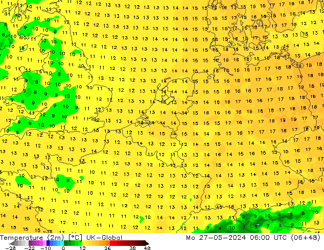 Temperature (2m) UK-Global Mo 27.05.2024 06 UTC