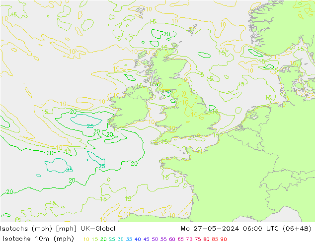 Isotachen (mph) UK-Global ma 27.05.2024 06 UTC