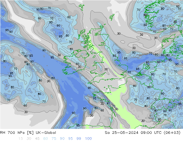 RH 700 hPa UK-Global Sáb 25.05.2024 09 UTC