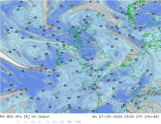 RH 850 hPa UK-Global Mo 27.05.2024 03 UTC