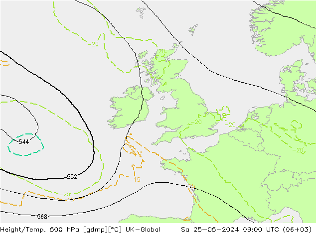 Géop./Temp. 500 hPa UK-Global sam 25.05.2024 09 UTC