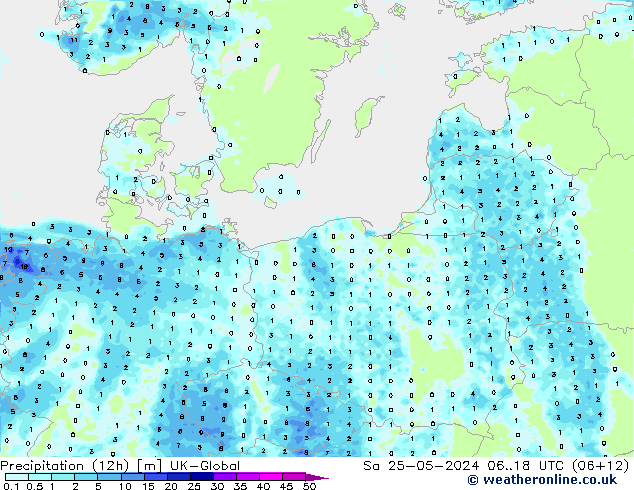 Totale neerslag (12h) UK-Global za 25.05.2024 18 UTC