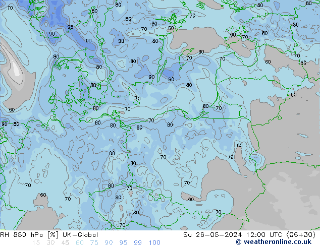 RH 850 hPa UK-Global  26.05.2024 12 UTC