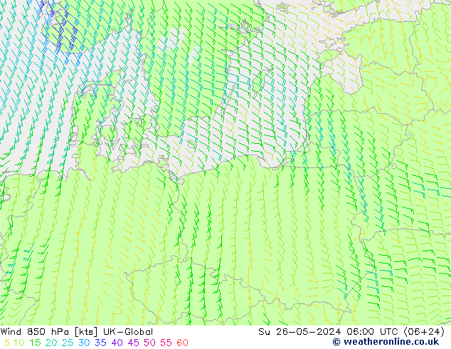 Wind 850 hPa UK-Global Su 26.05.2024 06 UTC