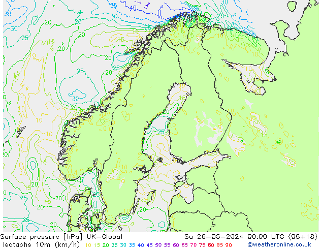 Isotachs (kph) UK-Global Ne 26.05.2024 00 UTC