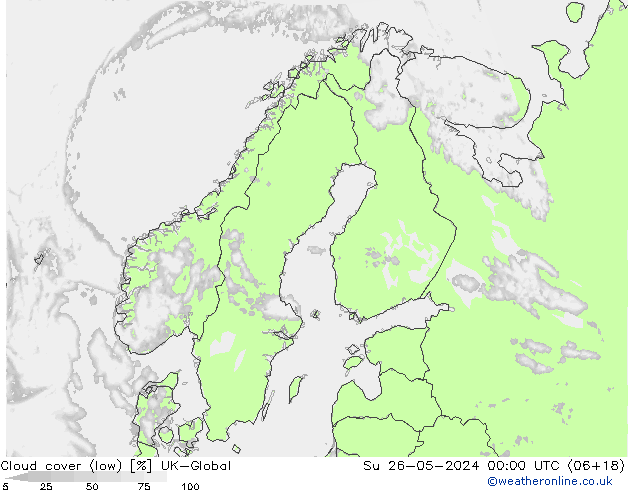 Cloud cover (low) UK-Global Su 26.05.2024 00 UTC