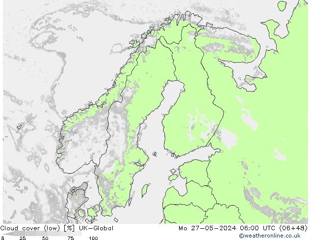 Cloud cover (low) UK-Global Mo 27.05.2024 06 UTC