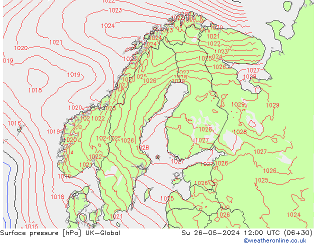 Presión superficial UK-Global dom 26.05.2024 12 UTC