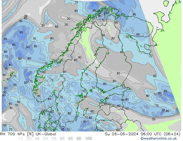 RH 700 hPa UK-Global So 26.05.2024 06 UTC