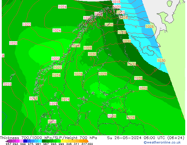 Espesor 700-1000 hPa UK-Global dom 26.05.2024 06 UTC