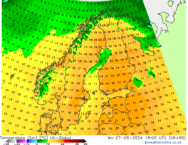 Temperature (2m) UK-Global Mo 27.05.2024 18 UTC