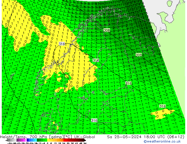 Geop./Temp. 700 hPa UK-Global sáb 25.05.2024 18 UTC