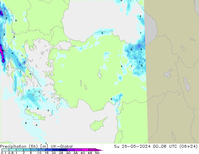 Precipitation (6h) UK-Global Su 26.05.2024 06 UTC