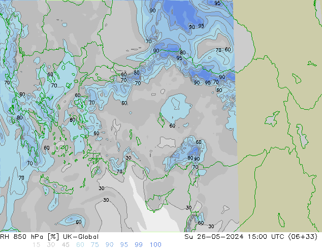 RH 850 hPa UK-Global Ne 26.05.2024 15 UTC