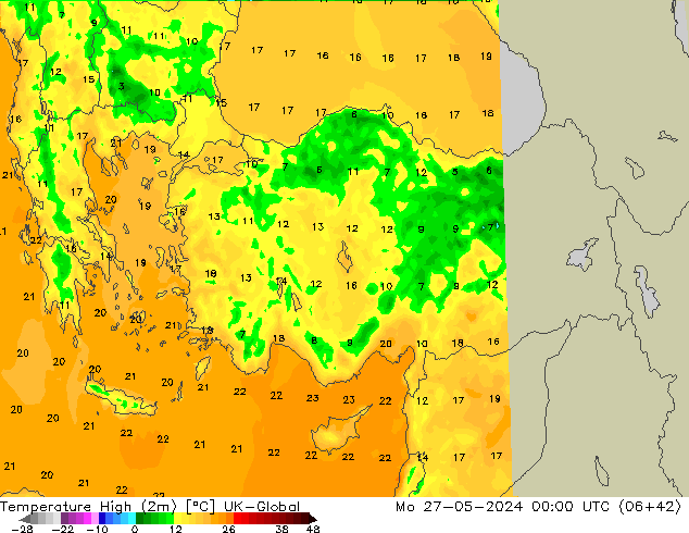 Max. Temperatura (2m) UK-Global pon. 27.05.2024 00 UTC