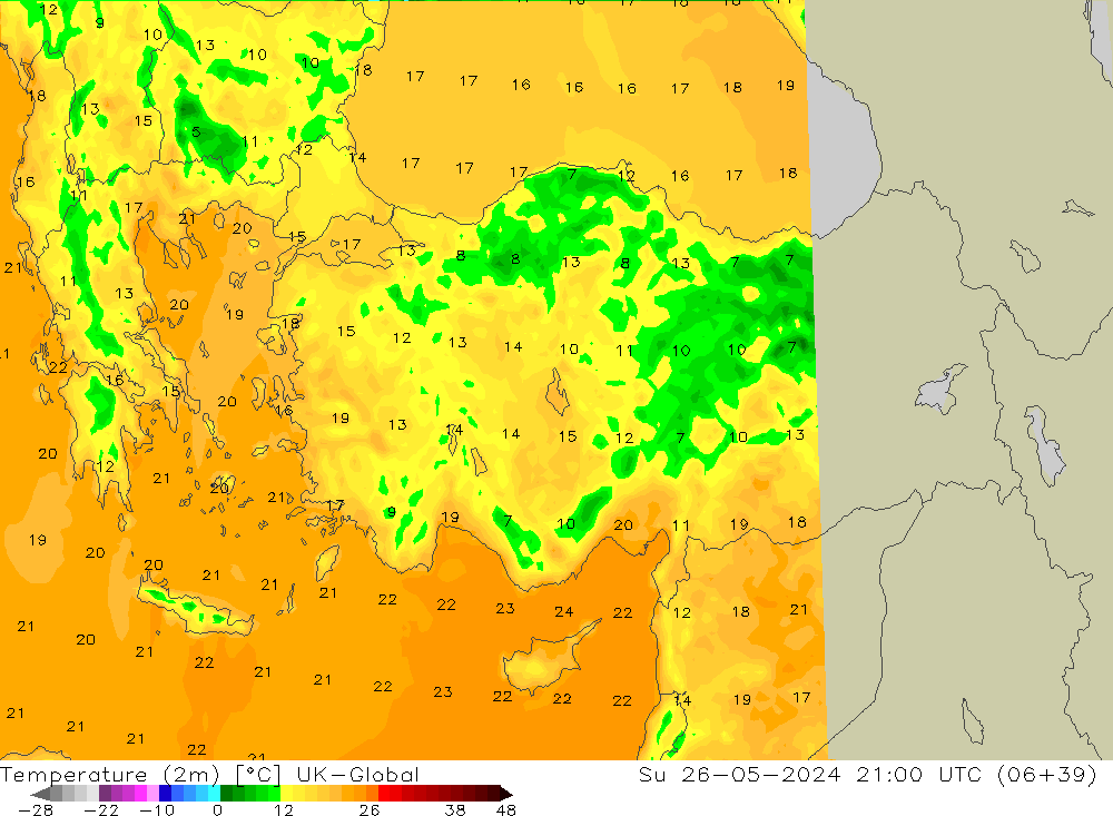 Temperature (2m) UK-Global Su 26.05.2024 21 UTC