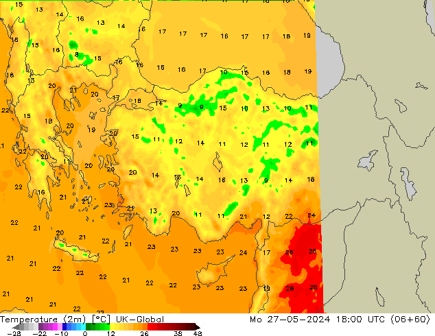 Temperature (2m) UK-Global Mo 27.05.2024 18 UTC