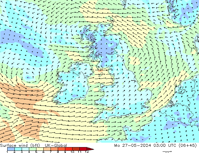 wiatr 10 m (bft) UK-Global pon. 27.05.2024 03 UTC