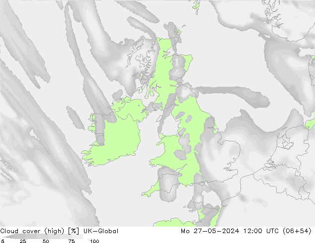 Cloud cover (high) UK-Global Mo 27.05.2024 12 UTC