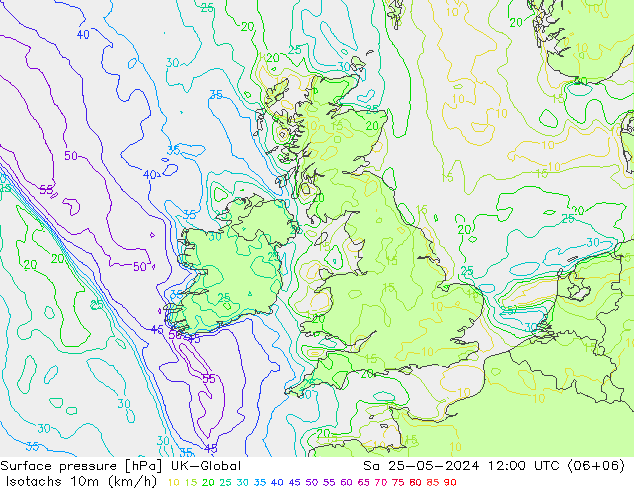 10米等风速线 (kph) UK-Global 星期六 25.05.2024 12 UTC