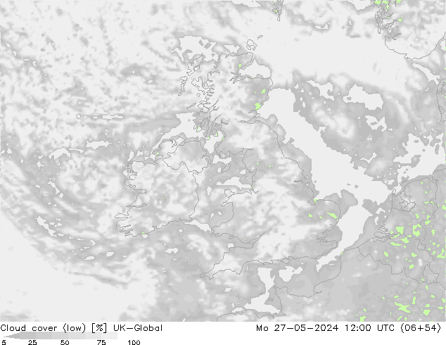 Cloud cover (low) UK-Global Mo 27.05.2024 12 UTC