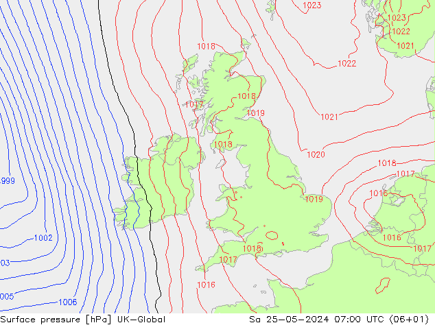 Atmosférický tlak UK-Global So 25.05.2024 07 UTC