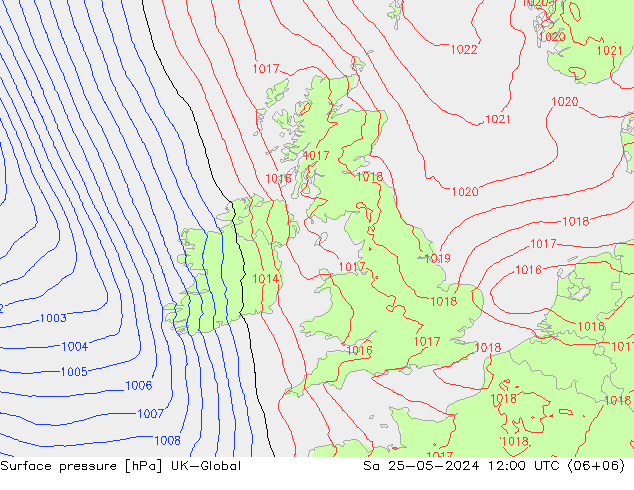 Pressione al suolo UK-Global sab 25.05.2024 12 UTC