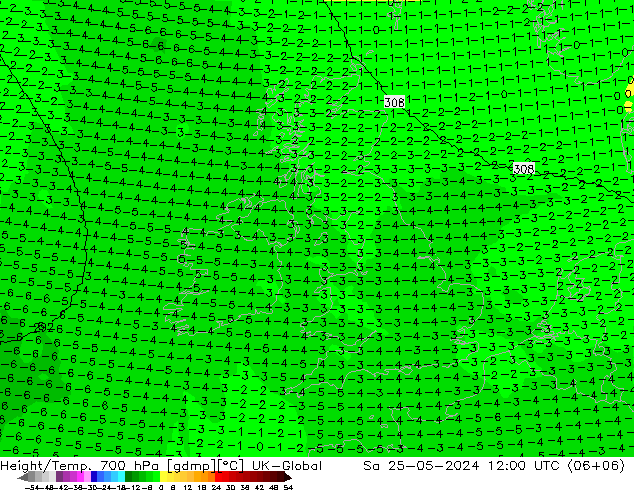 Géop./Temp. 700 hPa UK-Global sam 25.05.2024 12 UTC