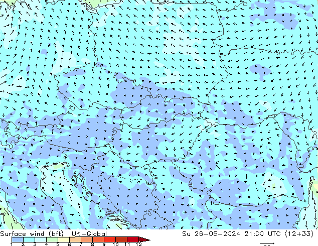 Surface wind (bft) UK-Global Ne 26.05.2024 21 UTC