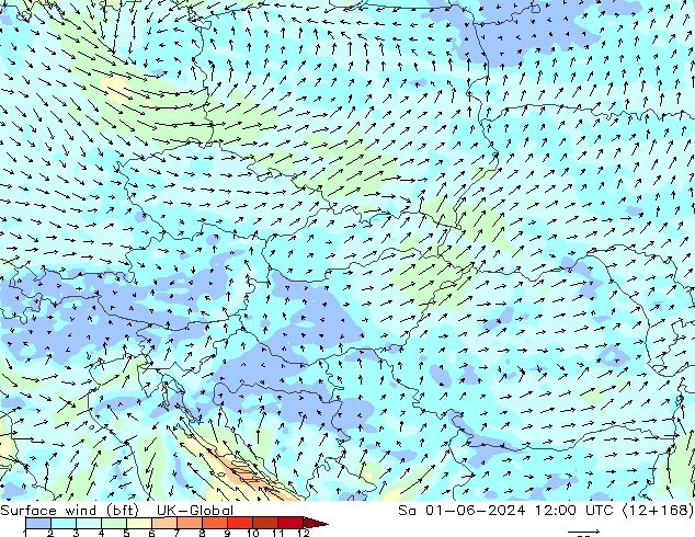 Surface wind (bft) UK-Global Sa 01.06.2024 12 UTC