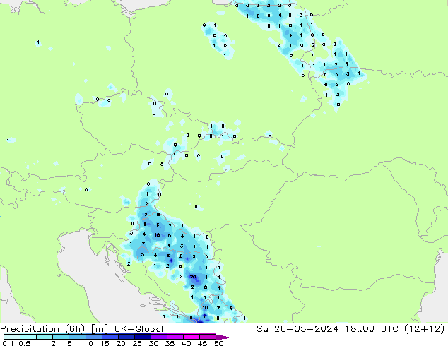 Precipitazione (6h) UK-Global dom 26.05.2024 00 UTC