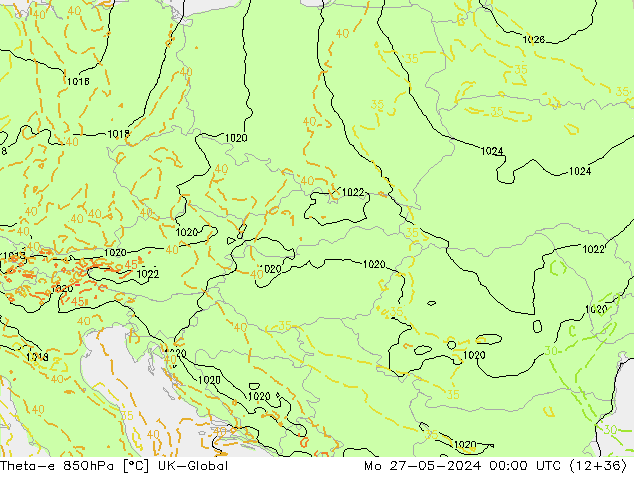 Theta-e 850hPa UK-Global lun 27.05.2024 00 UTC