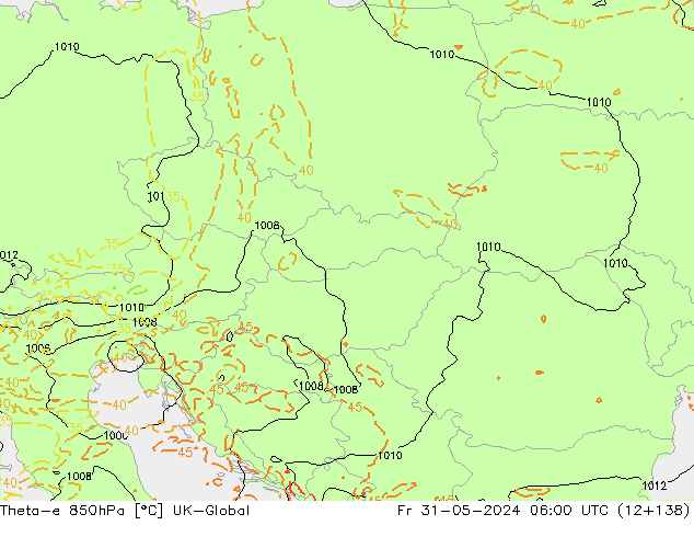 Theta-e 850hPa UK-Global Fr 31.05.2024 06 UTC