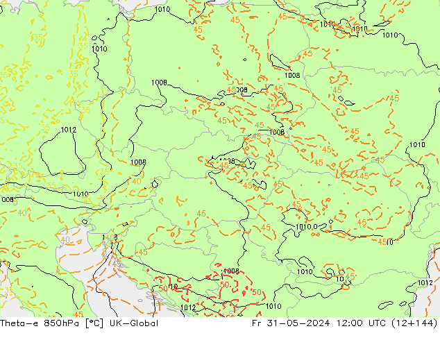 Theta-e 850hPa UK-Global Fr 31.05.2024 12 UTC