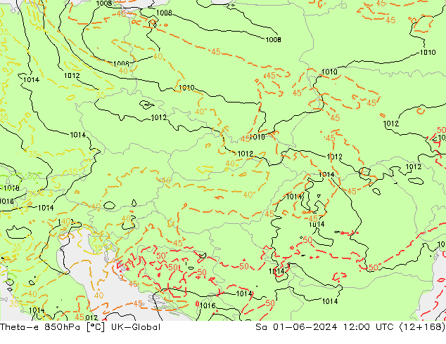 Theta-e 850hPa UK-Global so. 01.06.2024 12 UTC