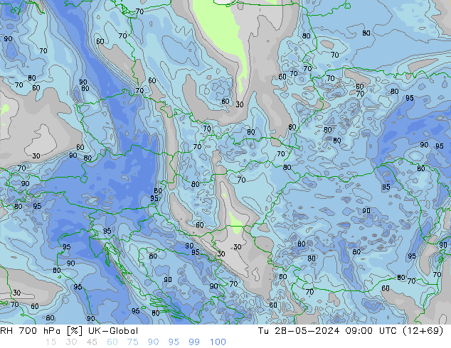 Humedad rel. 700hPa UK-Global mar 28.05.2024 09 UTC