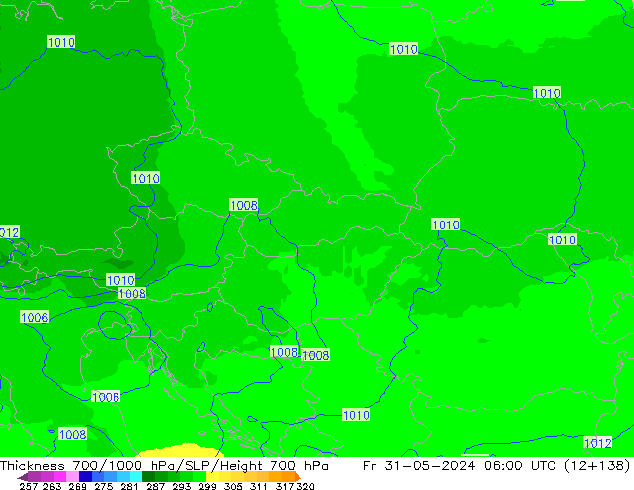 Espesor 700-1000 hPa UK-Global vie 31.05.2024 06 UTC